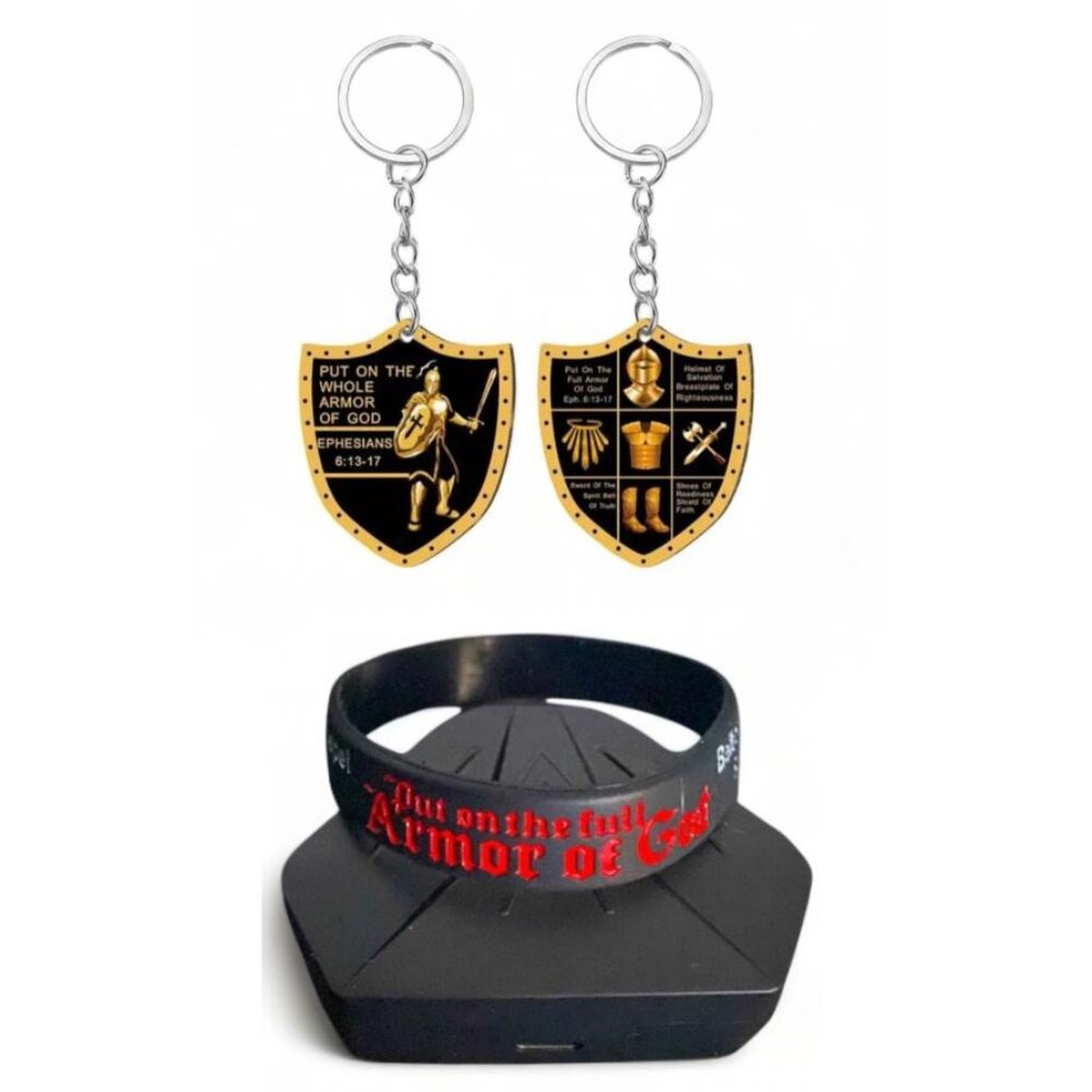 NEW! ARMOR OF GOD BUNDLE - POUCH/KEYCHAIN/WRISTBAND BLK & RED STYLE 2